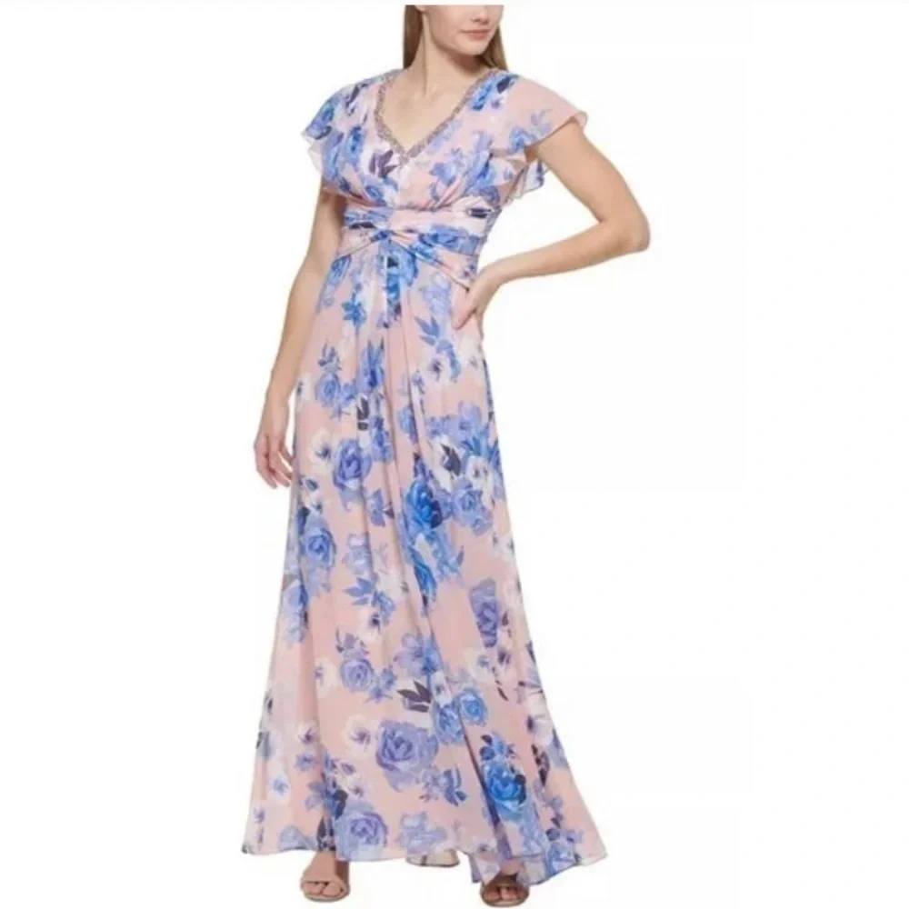 ELIZA J Floral Print Embellished V Neck Flutter Sleeve Gown in Pink Blush - Picture 4 of 7